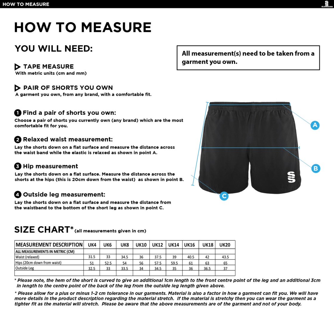 Brunel and Ealing Trailfinders Rugby - Performance Gym Short - Women's Fit - Size Guide