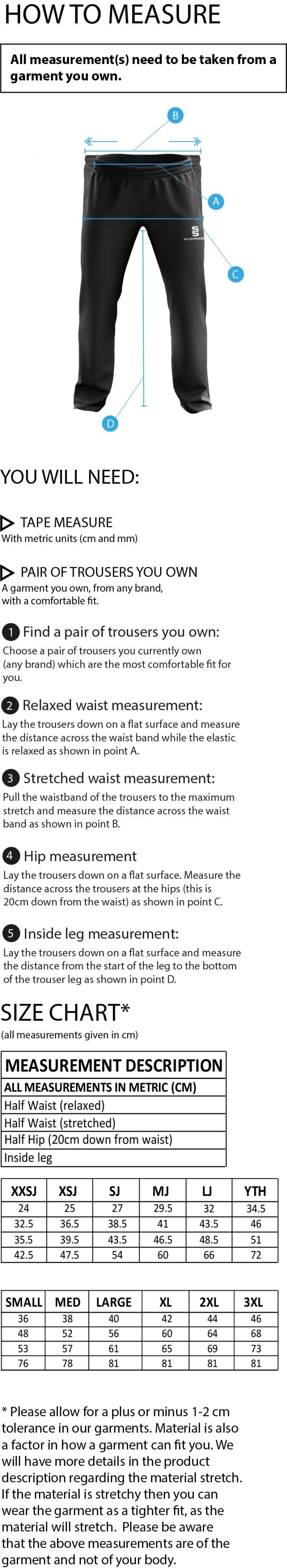 Brunel and Ealing Trailfinders Rugby - Dual Poplin Track Pant with Lycra - Men's Fit - Size Guide