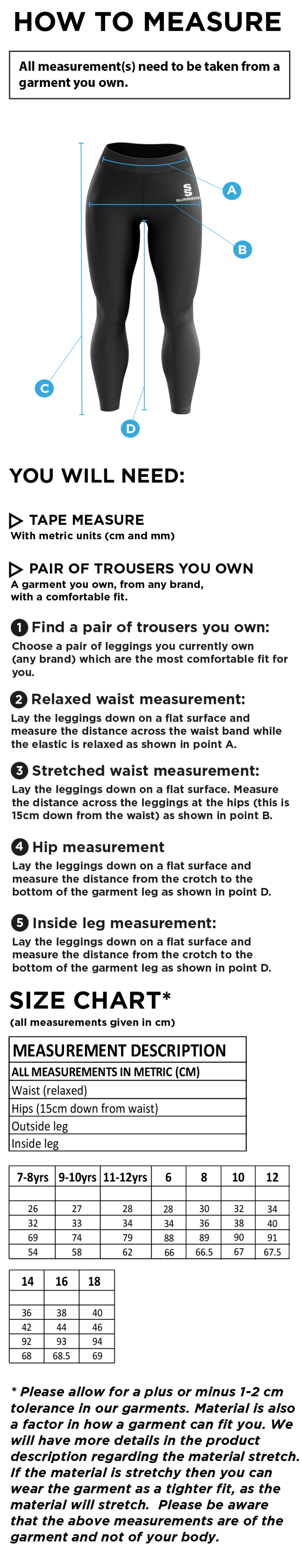 Brunel University and Ealing Trailfinders Rugby Women's Performance Full Length Leggings : Navy - Size Guide