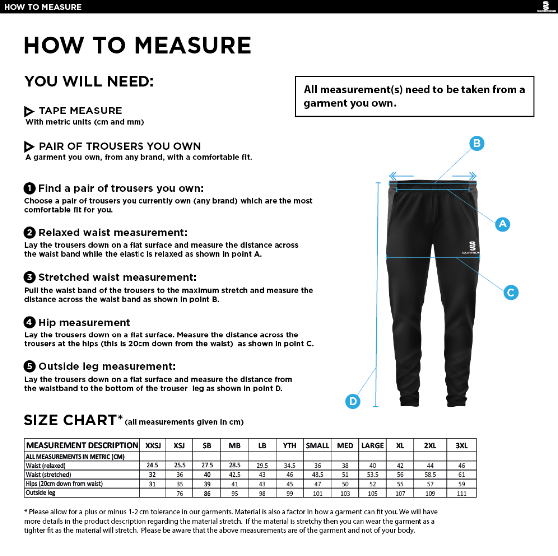 Brunel and Ealing Trailfinders Rugby - Tek Slim Training Pants - Unisex Fit - Size Guide