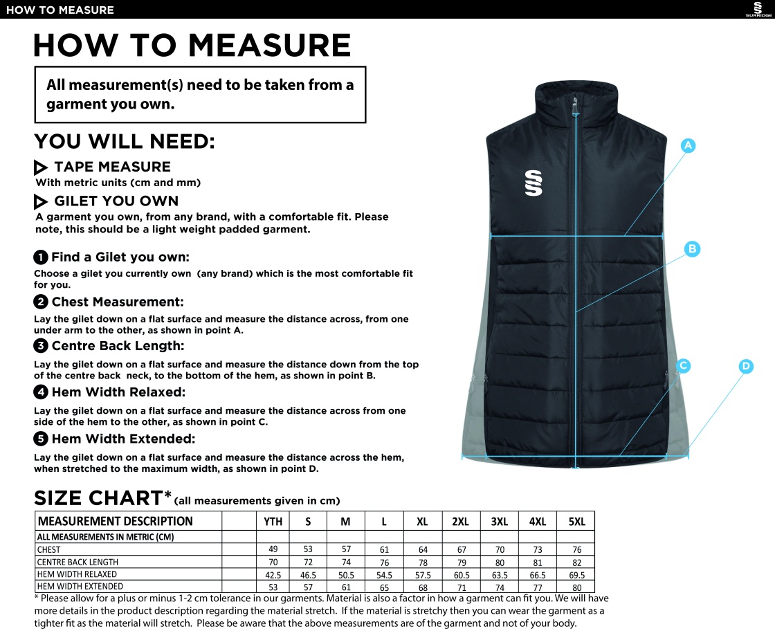 Brunel and Ealing Trailfinders Rugby - Padded Bodywarmer - Unisex Fit - Size Guide