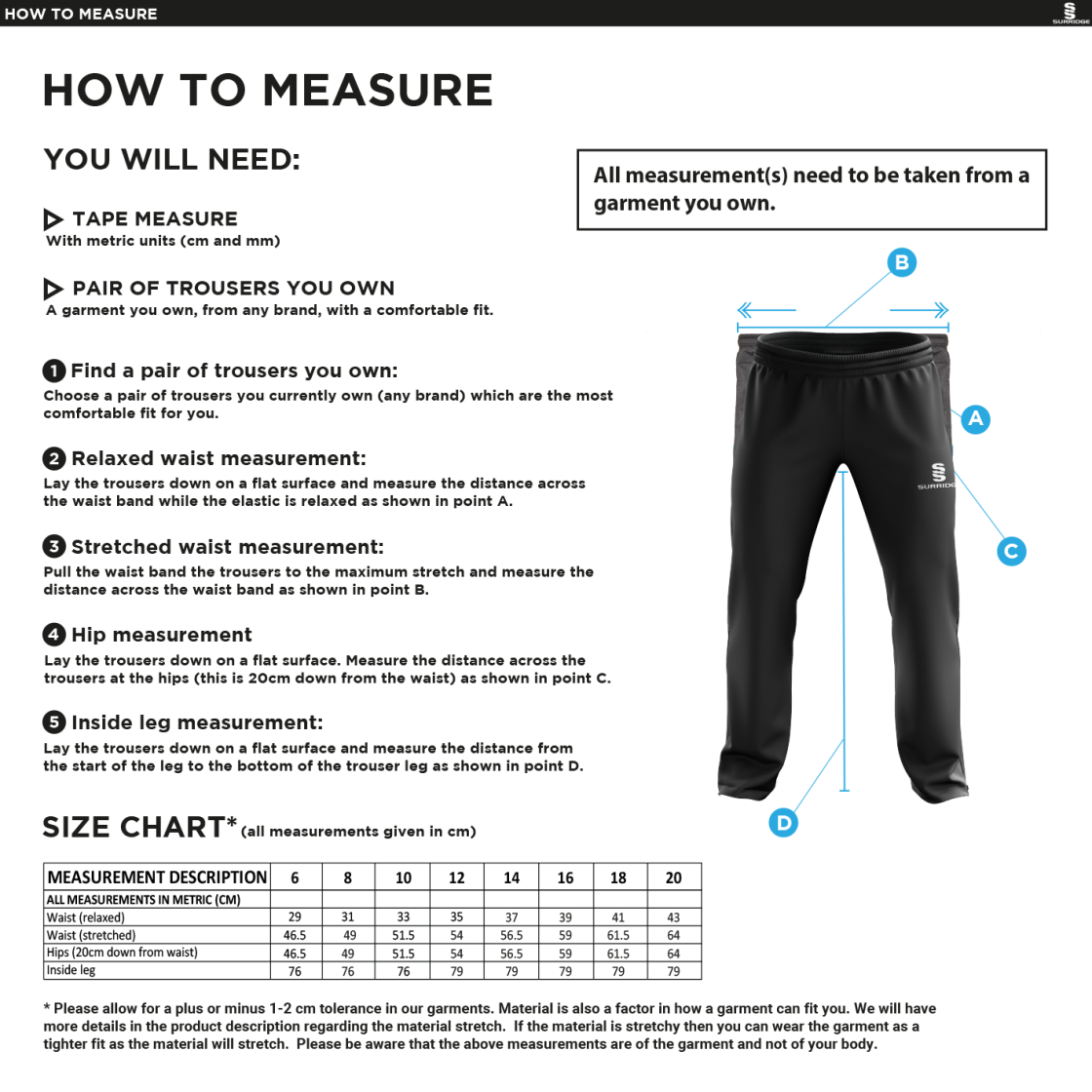 Brunel and Ealing Trailfinders Rugby - Dual Poplin Track Pant with Lycra - Women's Fit - Size Guide