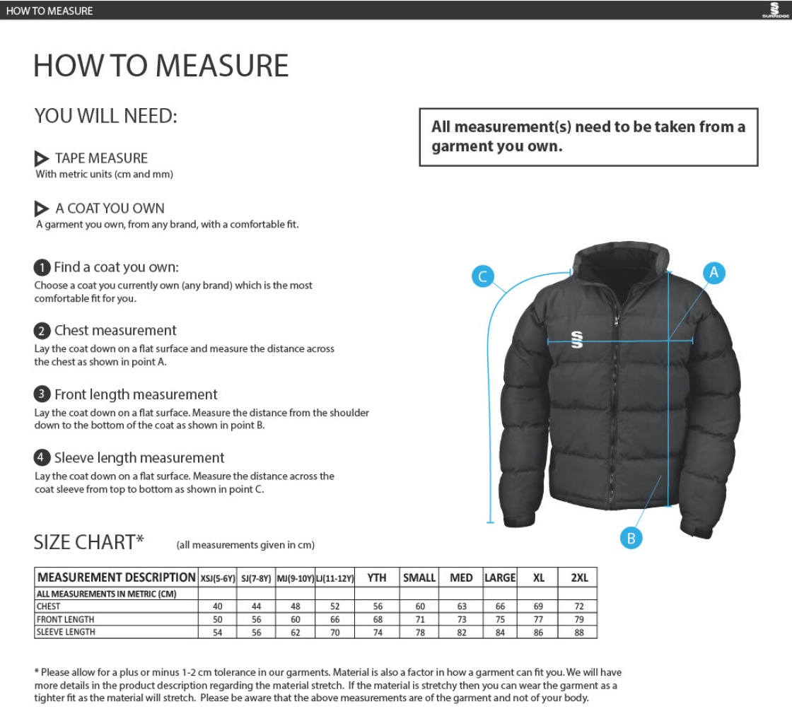 Brunel University and Ealing Trailfinders Rugby Holkham Down Feel Jacket : Navy - Size Guide