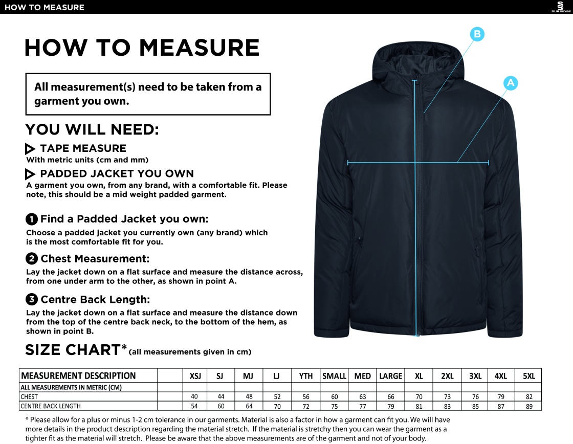 Brunel University and Ealing Trailfinders Rugby Ct Padded Jacket : Navy - Size Guide