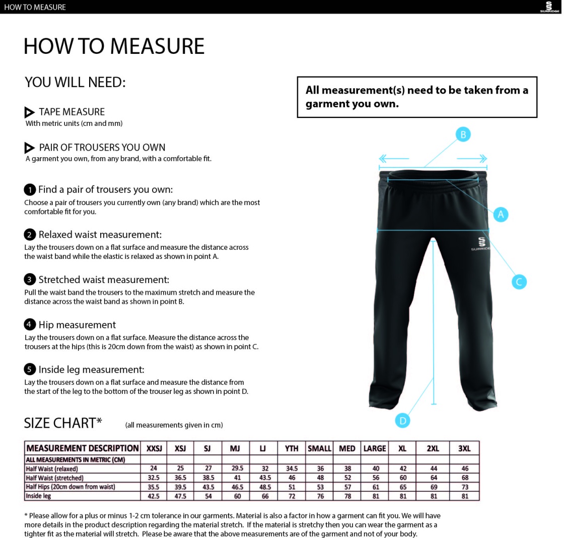 Brunel and Ealing Trailfinders Rugby - Dual Poplin Track Pant with Lycra - Men's Fit - Size Guide