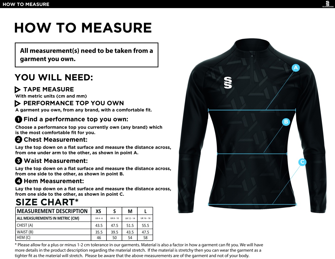 Brunel and Ealing Trailfinders Rugby - Volt 1/4 Performance Top - Women's Fit - Size Guide