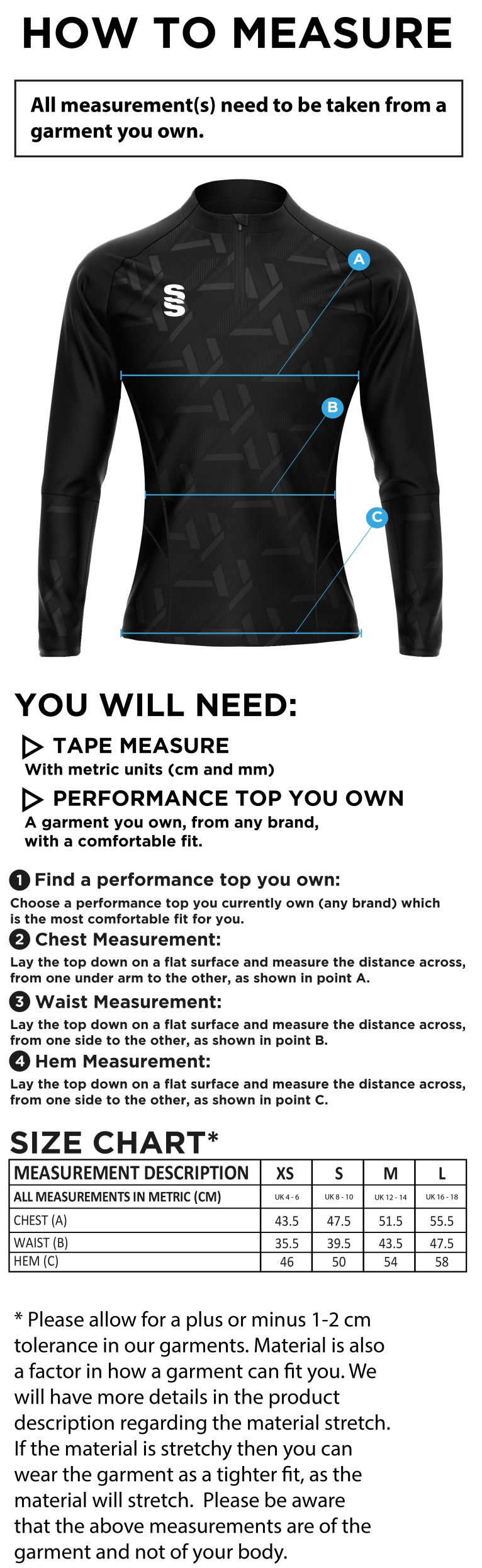 Brunel and Ealing Trailfinders Rugby - Volt 1/4 Performance Top - Women's Fit - Size Guide