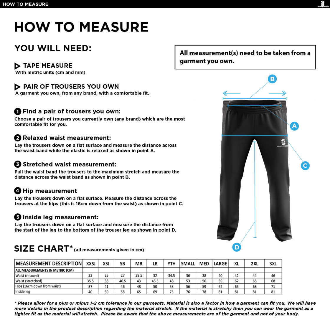 Brunel University and Ealing Trailfinders Rugby Poplin Track Pant - Navy - Size Guide