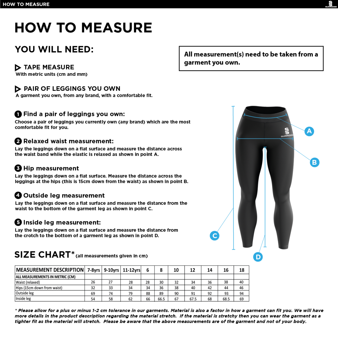 Brunel and Ealing Trailfinders Rugby - Performance Full Length Leggings - Women's Fit - Size Guide