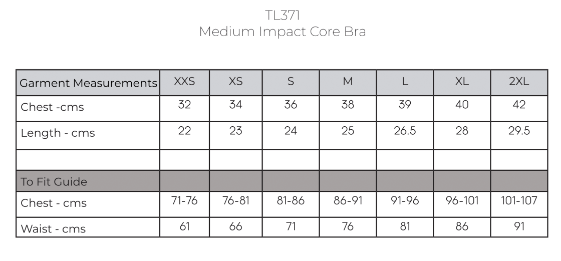 Medium Impact Core Bra - Size Guide
