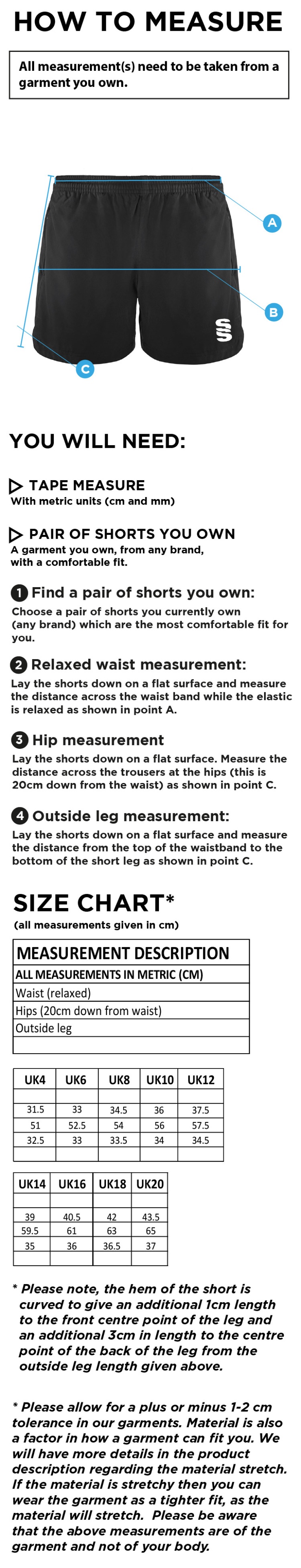 Brunel and Ealing Trailfinders Rugby - Performance Gym Short - Women's Fit - Size Guide