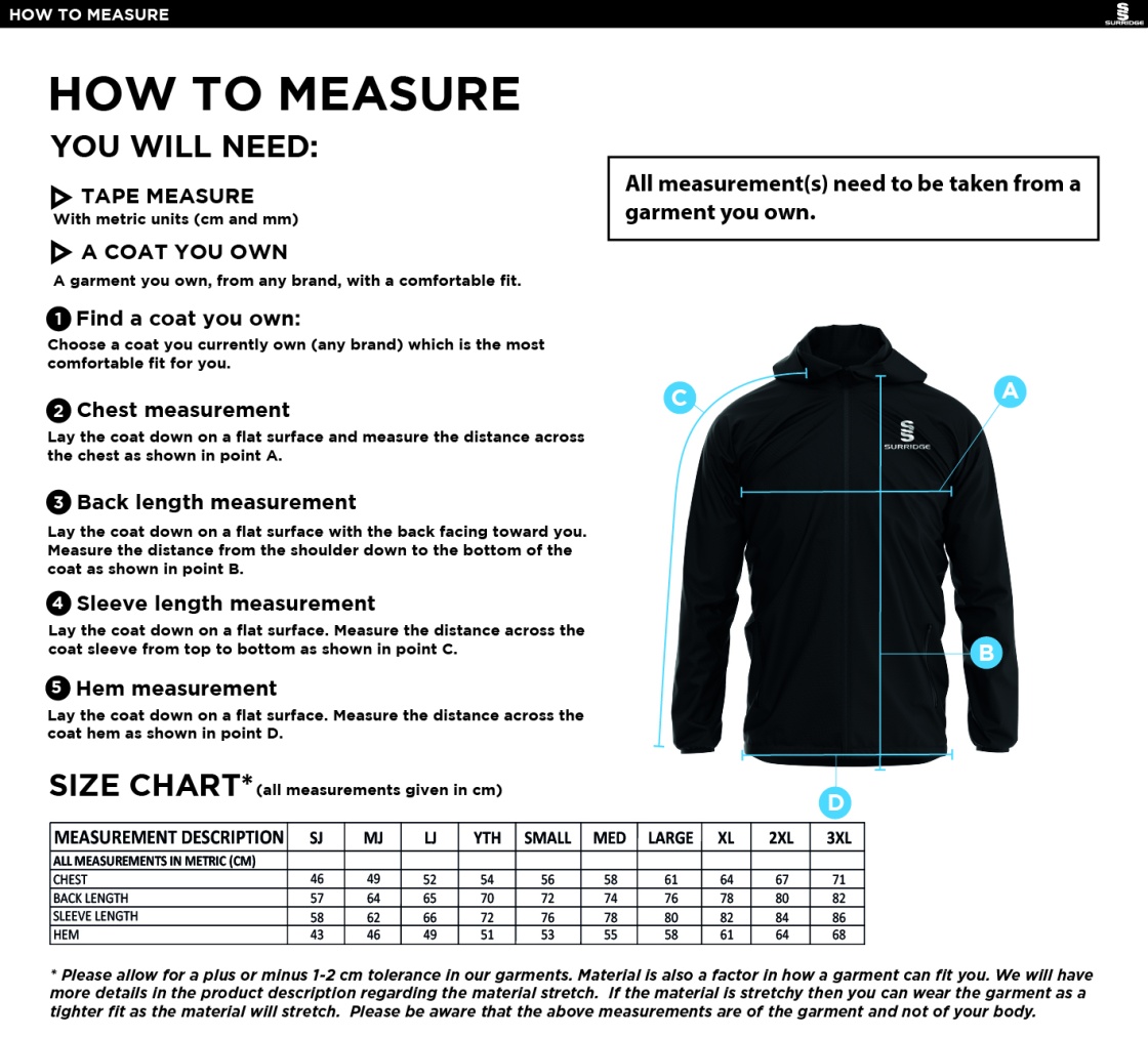 Brunel and Ealing Trailfinders Rugby - Dual Elite 1/4 Zip Hoody / Rain Jacket - Unisex Fit - Size Guide