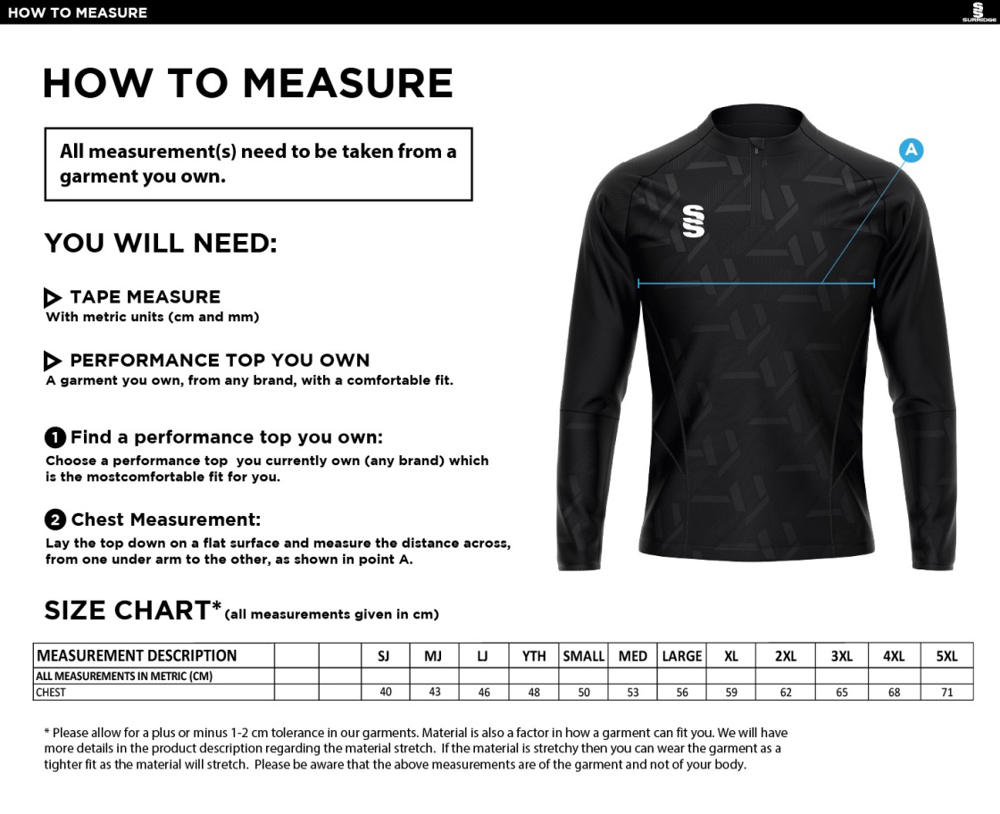 Brunel and Ealing Trailfinders Rugby - Volt 1/4 Performance Top - Unisex Fit - Size Guide