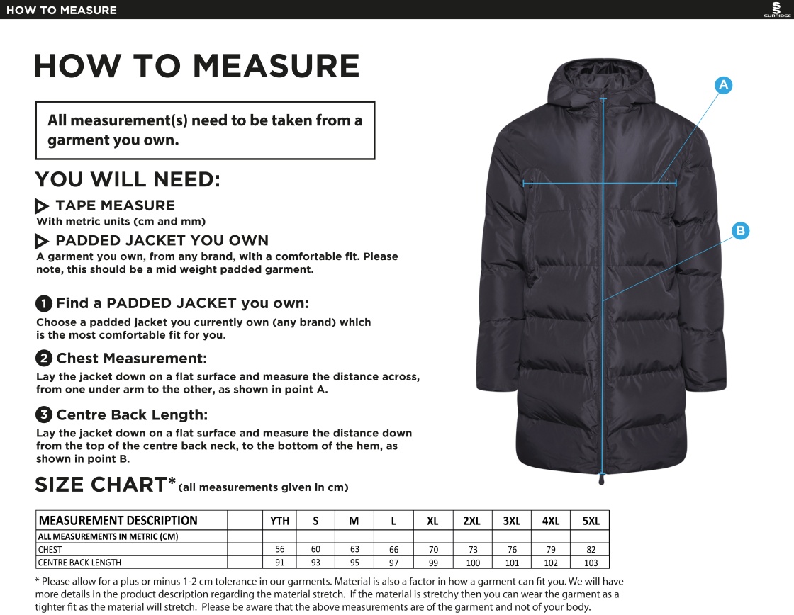 Brunel University and Ealing Trailfinders Rugby Full Length Sub Coat - Size Guide