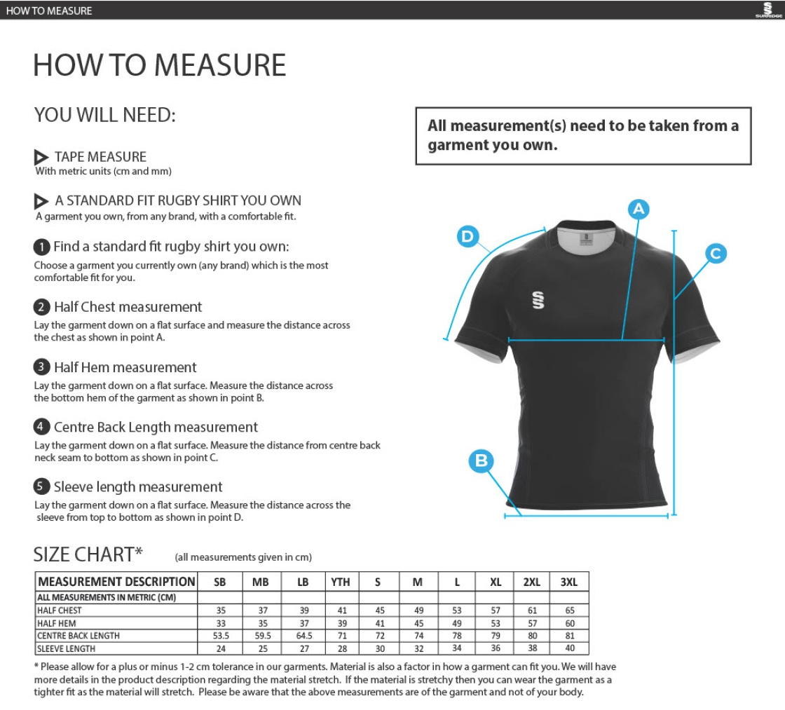 BRUNEL UNIVERSITY AND EALING TRAILFINDERS RUGBY MEN'S STANDARD FIT RUGBY SHIRT ETR001 - Size Guide