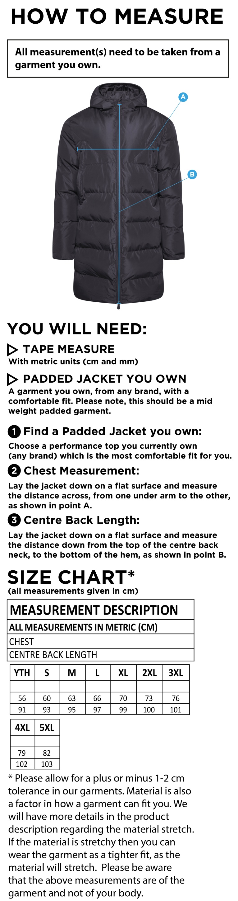 Brunel University and Ealing Trailfinders Rugby Full Length Sub Coat - Size Guide