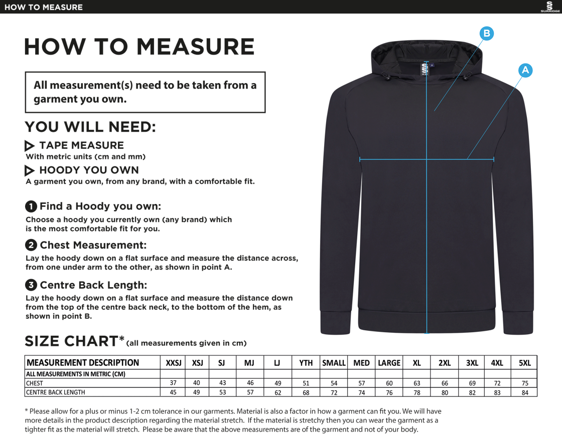 Brunel and Ealing Trailfinders Rugby - Volt Hoody - Unisex Fit - Size Guide